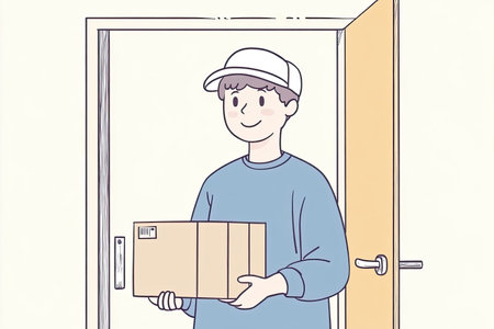A cheerful person in casual attire stands at the doorway, holding a package in hand, ready to deliver. The scene captures a friendly home delivery moment.の写真素材