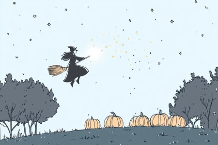 A whimsical illustration of a witch flying on a broomstick over glowing pumpkins at night, surrounded by twinkling stars and an enchanted landscape. Perfect for Halloween themes.の写真素材