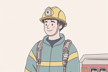 A cheerful firefighter stands confidently in full gear, ready for action. This portrait showcases bravery and dedication, highlighting the essential role of emergency services.の写真素材