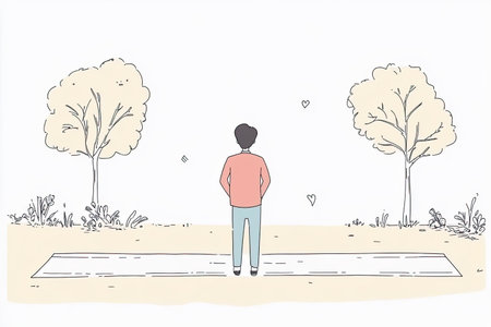 A thoughtful businessperson stands at a crossroads, contemplating choices amidst a serene natural setting, symbolizing important life decisions and future paths.の写真素材