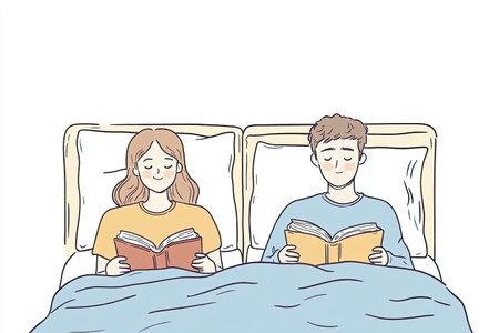 A cozy illustration of a couple lying side by side in bed, each immersed in reading books, embodying a peaceful and intimate morning routine together.の写真素材