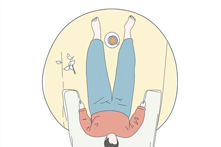 An overhead view of a person lounging on a couch, enjoying a cup. This scene captures comfort and relaxation in a bright and serene indoor setting.の写真素材