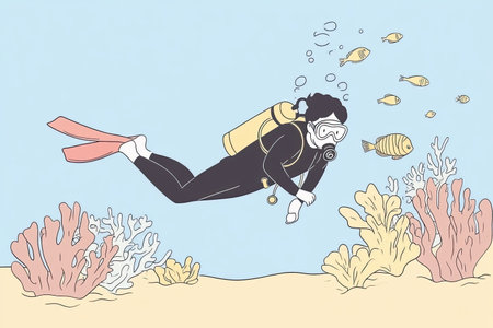 A hand-drawn illustration of a scuba diver exploring a vibrant coral reef filled with fish, showcasing the beauty of underwater life. Perfect for aquatic themes.の写真素材