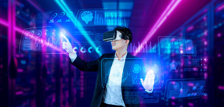 Businessman with headset standing at data center while analyzing financial data. Manager pointing...