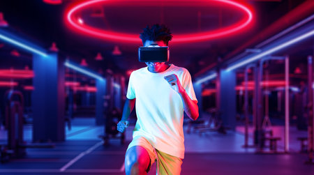 African man wearing VR glasses and casual shirt while exercising at futuristic gym with glowing...