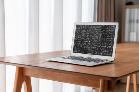 Mathematic equations and modish formula on computer screen showing concept of science and educationの写真素材