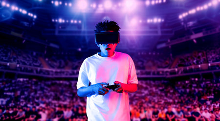 Adult holding joystick and wearing VR goggles while enjoy playing games at stadium with blurring background. African man enjoy controlling controller and using augmented reality technology. Ingenuity.の写真素材