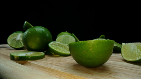 Close-up, a vibrant slice of fresh lime rests upon a rustic wooden cutting board, exuding freshness and vitality. The translucent membranes of the green lime slice placed on cutting board. Comestible.の写真素材