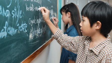 Side view of asian boy writing engineering prompt and programing system while standing blackboard...