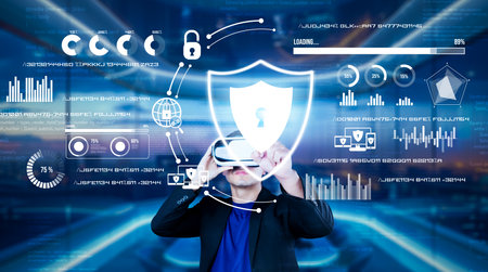 Project manager pointing security system hologram and standing at futuristic office with blue glowing color. Business man using augmented reality technology to connect and verify identity. Ingenuity.の写真素材