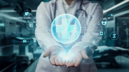 Close up of doctor holding medical cross icon floating at laboratory. Professional medical worker checking and analyzing symptom from medical research by using technology. Medical treatment. Remedial.の写真素材