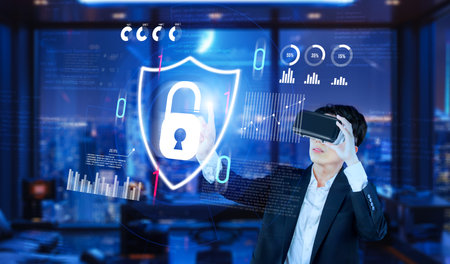 Project manager pointing security system hologram and standing at futuristic office with blue...
