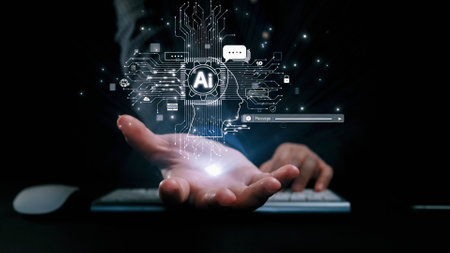 Human interact with AI artificial intelligence brain processor in concept of AI artificial intelligence engineering, big data and AI machine learning to use generative AI for business support. UUIDの写真素材