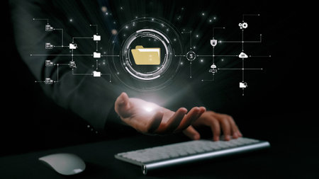 Business person managing online documents folders for efficient work processes. Ensure secure and quick access to all your important online documents with ease. UUIDの写真素材
