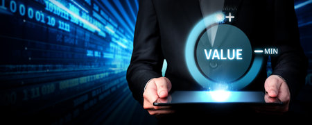 Business person leverages valuable ERP systems, maximizing value and operational efficiency. Focused on value maximizing resources and valuable processes for optimal value and performance. FaaSの写真素材