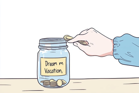 A hand placing coins into a jar labeled Dream Vacation. This image symbolizes saving and planning...