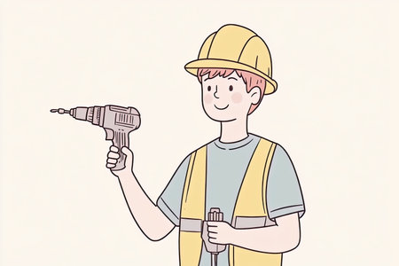 A cheerful construction worker wearing a hard hat and safety vest holds a drill confidently. This illustration captures a dedicated individual ready for work in the construction industry.の写真素材