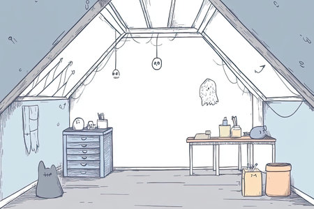 Explore a whimsical, spooky attic scene filled with cobwebs and mysterious objects, perfect for...