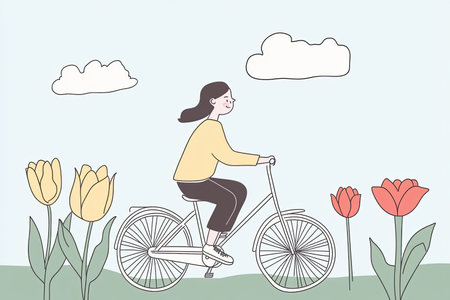 A cheerful illustration of a woman riding a bicycle through vibrant tulip fields, capturing the joy of springtime outdoor activities in a scenic landscape.の写真素材