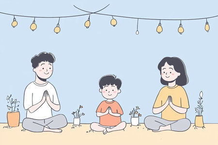 A joyful family gathered in prayer, surrounded by plants and warm lights, celebrating a religious festival with a sense of togetherness and spirituality.の写真素材