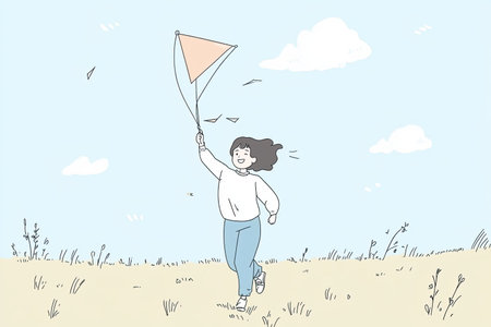 A cheerful child joyfully runs through an open field, holding a colorful kite against a bright blue sky, capturing the essence of carefree childhood and outdoor play.の写真素材