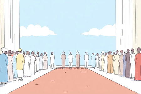 A large group of worshippers stands together in unity, embodying a sense of community and shared faith, creating a peaceful and inspiring atmosphere.の写真素材