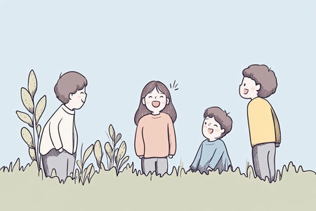 A delightful scene of children giggling and playing hide and seek in a grassy area, showcasing the joy and innocence of childhood friendships and outdoor fun.の写真素材