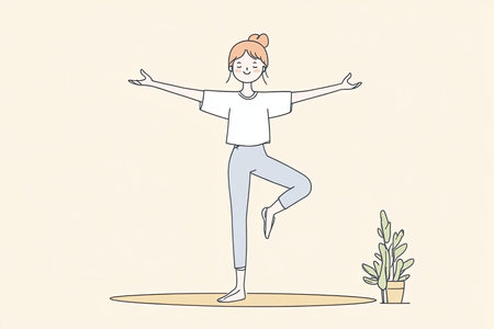 A happy person stands on one leg, practicing balance and focus in a serene indoor setting with a plant nearby. Perfect for wellness and fitness themes.の写真素材