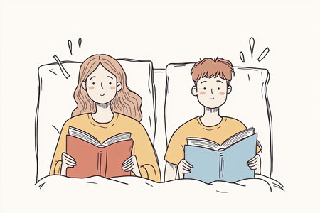 Cozy Couple Reading Together in Bedの写真素材