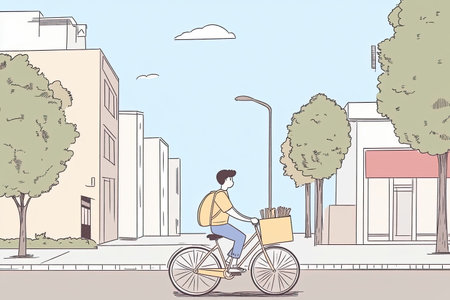 A person rides a bicycle through a busy urban area, carrying a delivery box. The scene captures a bright day with buildings and greenery present.の写真素材
