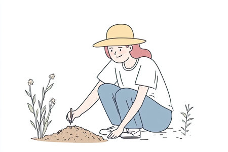 A farmer woman is testing soil moisture levels in a garden. She is using a tool to prepare the earth for planting. This scene emphasizes the connection between gardening and sustainability.の写真素材