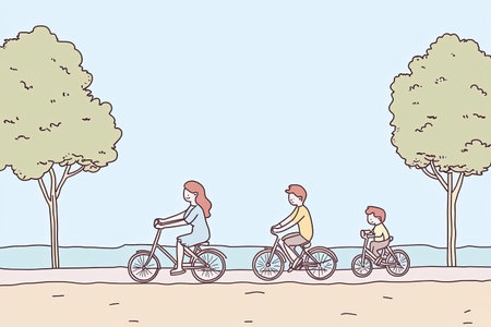 A family enjoys a delightful ride on bicycles along a scenic riverside path, surrounded by trees....