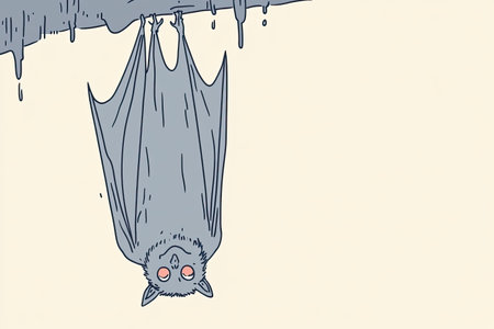 A whimsical illustration of a bat hanging upside down in a cave. The bat features glowing eyes and a simplistic design, capturing a mysterious ambiance of nocturnal wildlife.の写真素材