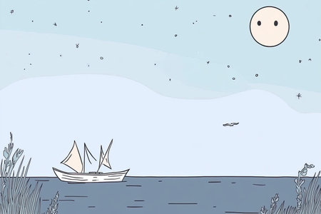 A charming illustration of a ghostly ship sailing across a misty sea at night, under a glowing moon, evoking a sense of mystery and tranquility.の写真素材
