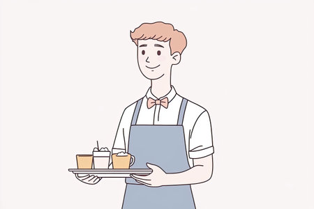 A cheerful waiter holding a tray with drinks, dressed in a bow tie and apron. Ideal for illustrating hospitality and service in restaurants or cafes.の写真素材
