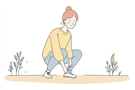 A cheerful person squats down to tie their athletic shoes, dressed in comfortable gear, surrounded by a simple nature-inspired setting. Perfect for fitness and lifestyle themes.の写真素材