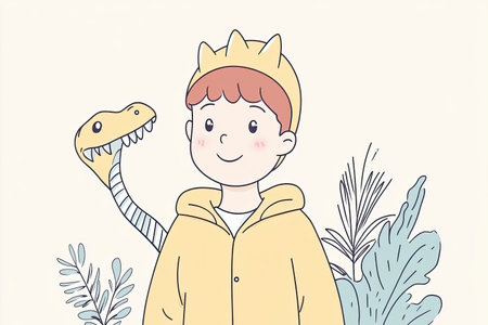 Child in Dinosaur Costume with Decorative Elementsの写真素材