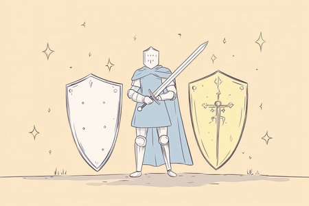 A heroic knight stands proudly between two shields, wielding a shiny sword. The illustration conveys a medieval fantasy theme, showcasing bravery and valor.の写真素材