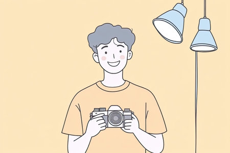 A cheerful photographer holding a camera in a studio setting. The image features warm lighting and a simple background, highlighting the joy of photography.の写真素材