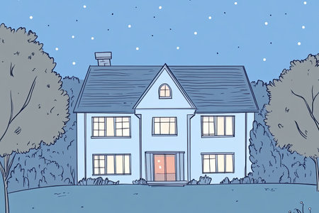 An eerie illustration of a spooky mansion illuminated by flickering lights at night, surrounded by shadowy figures and a serene landscape, creating a mysterious atmosphere.の写真素材