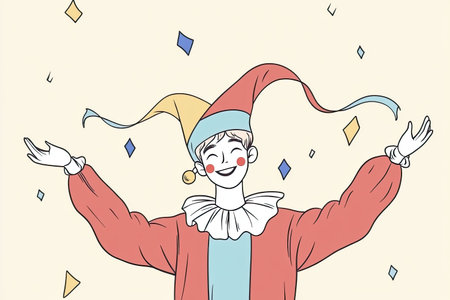 A delightful jester in a colorful costume spreads joy and excitement with a bright smile and playful gestures, surrounded by decorative elements.の写真素材