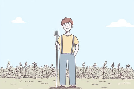 A young farmer stands confidently with a pitchfork in hand, set against a serene rural landscape, capturing the essence of agriculture and community life.の写真素材