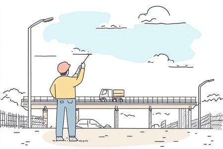 An engineer surveys bridge construction under a clear blue sky, highlighting the interplay of...