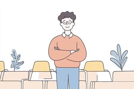 A confident business leader stands in front of a conference room, symbolizing leadership and inspiration during a professional gathering or seminar.の写真素材