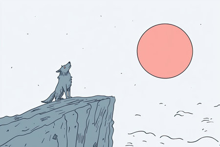 A captivating illustration of a werewolf howling at a red moon while standing on a rocky terrain, evoking a sense of mystery and fantasy in a serene landscape.の写真素材