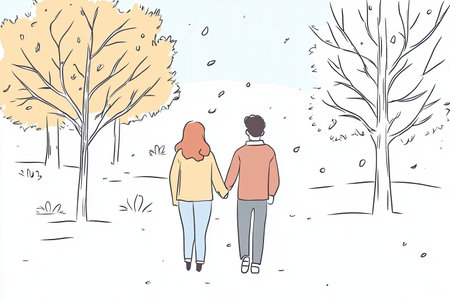 A couple walks hand in hand through a serene snowy forest. The scene captures the essence of romance and tranquility in a beautiful winter landscape.の写真素材