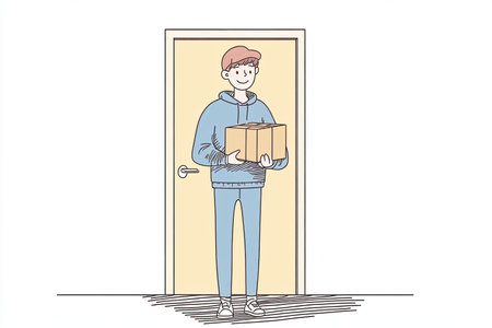 A cheerful person stands at a doorway, holding a package. This illustration captures the essence of home delivery services, reflecting a friendly and casual atmosphere.の写真素材
