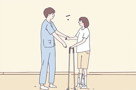A nurse supports a patient learning to walk with crutches during rehabilitation. This scene captures the essence of care and medical assistance.の写真素材