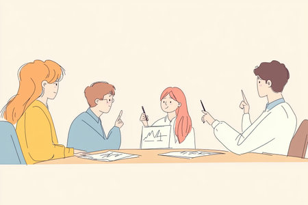 A group of business professionals engaged in a financial review meeting, discussing insights and strategies with active participation and collaboration.の写真素材