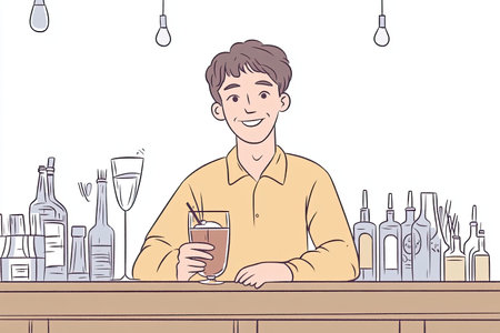 A cheerful bartender is seen mixing drinks behind a lively bar, showcasing a variety of bottles and a vibrant pub atmosphere, perfect for conveying hospitality and joy.の写真素材